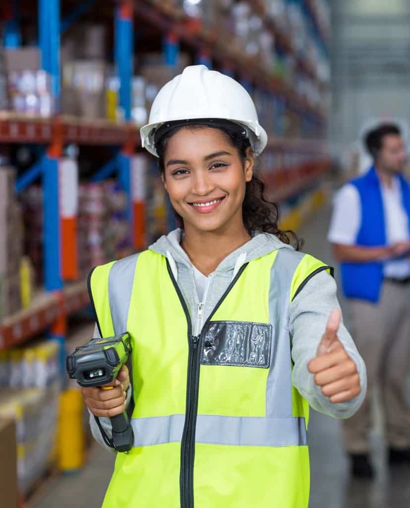warehouse worker showing thumbs up sign